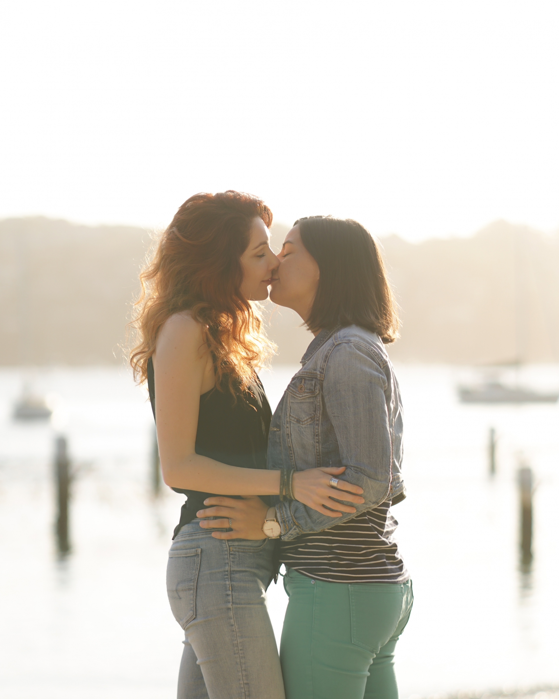 Lesbian Couple Kissing Manly Beach.