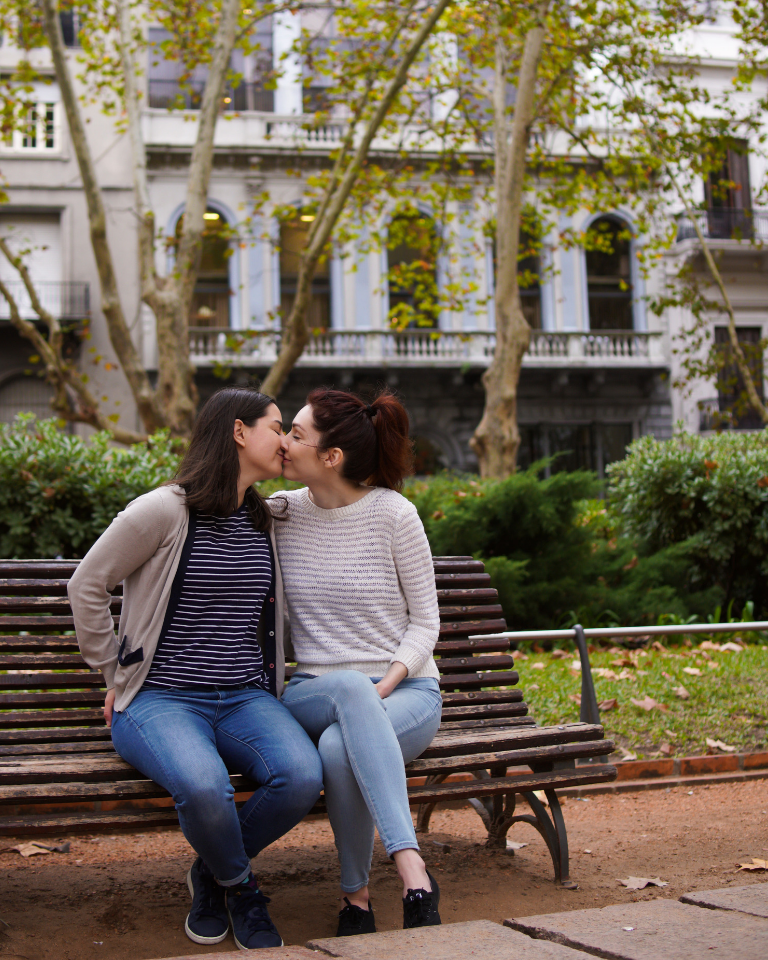 Lesbian Couple Park Bench Kiss Montevideo