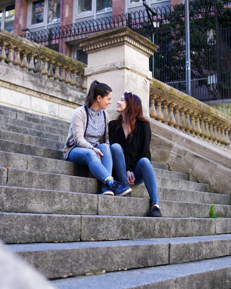 Lesbian Couple Sitting on Stairs Buenos Aires Recoleta