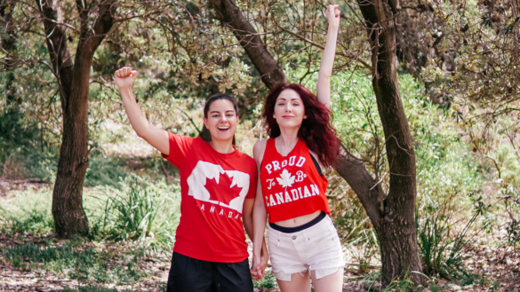 Lesbian Couple Cheering with Canada T Shirts