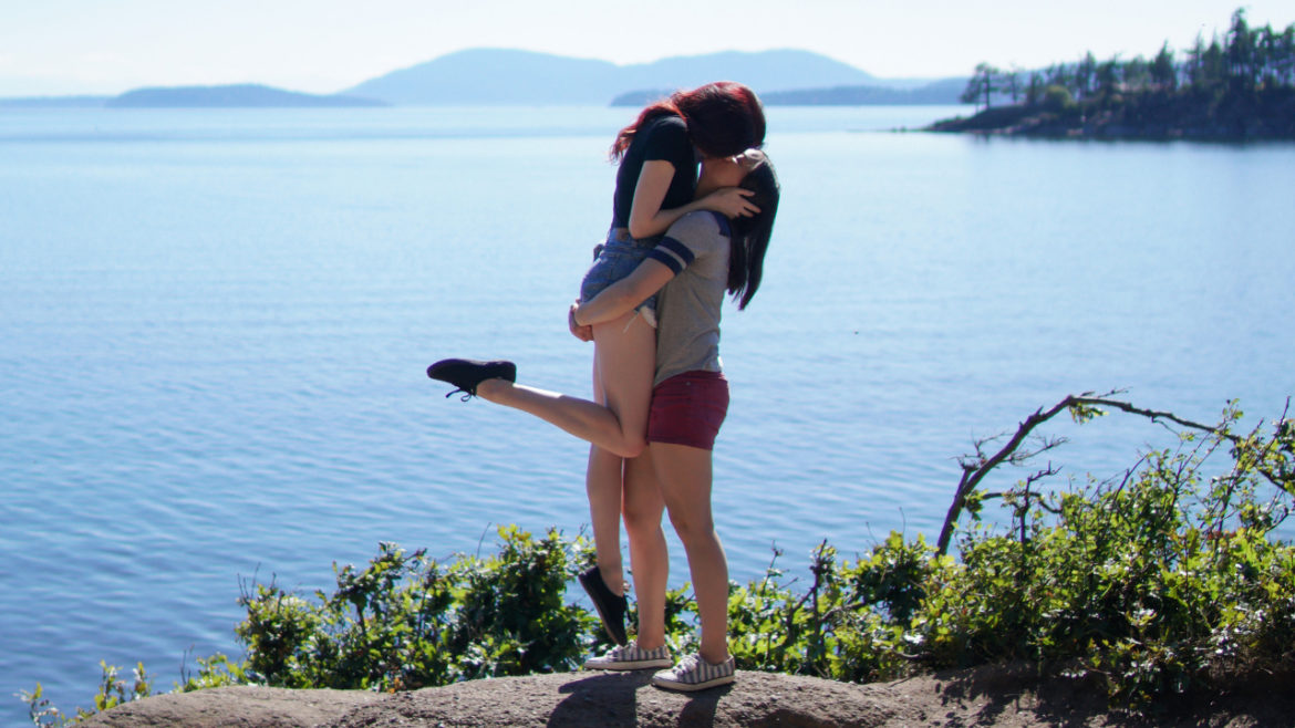 Lesbian Couple Lift and Kiss Beach and Mountains