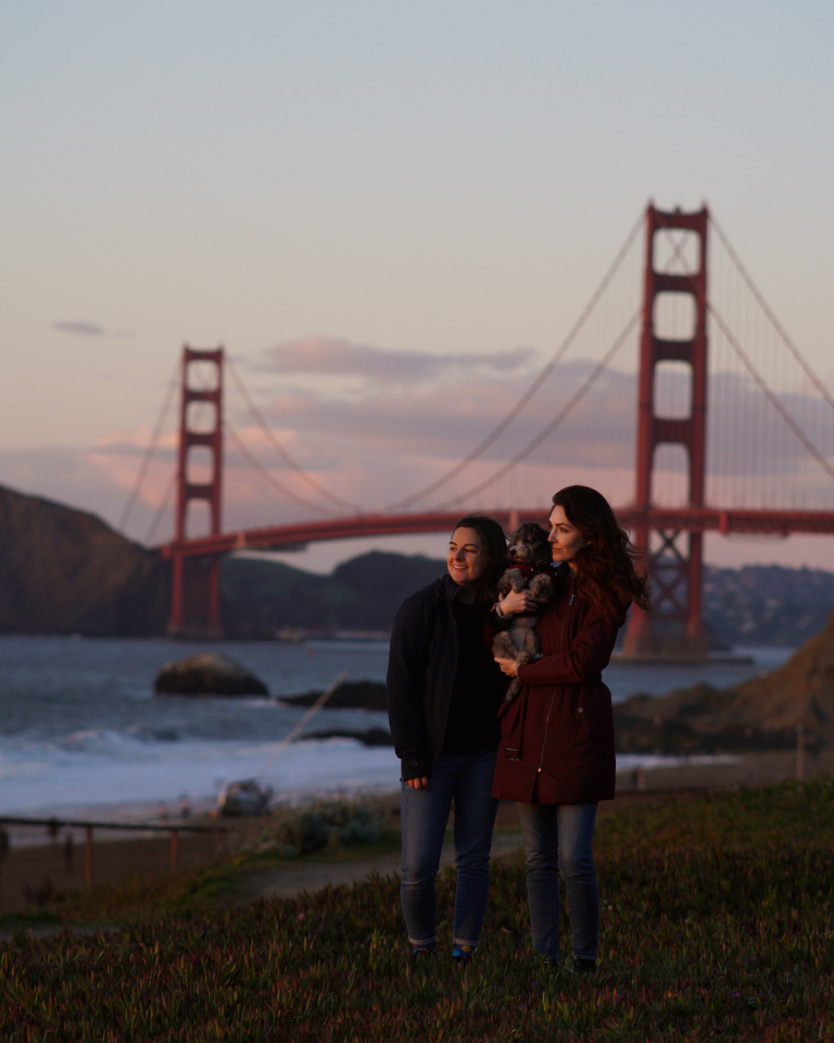 Lesbian Couple and Cute Dog Golden Gate Bridge